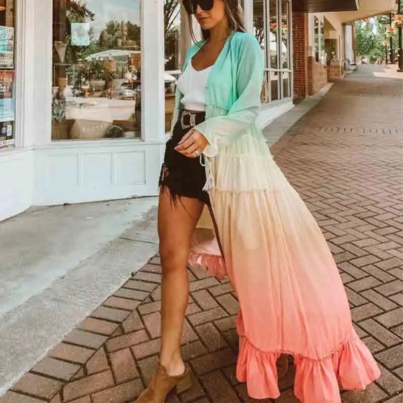 Boho Rainbow Ruffle High Low Button Kimono Maxi Dress - Picture 7 of 9